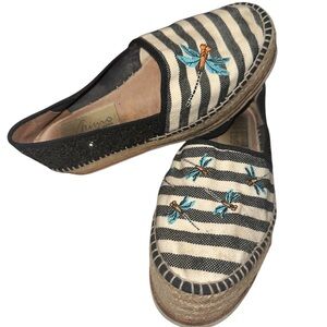 Gaimo Espadrilles Dragonflies Glitter Black Cream Striped Blue platform 8/9